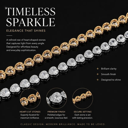 4*4mm Heart Inlaid Single Row Tennis Bracelet, Copper Zircon Hip Hop Couple Wristband, Ideal Holiday Gift, 6 Inch 16cm Silver Tone