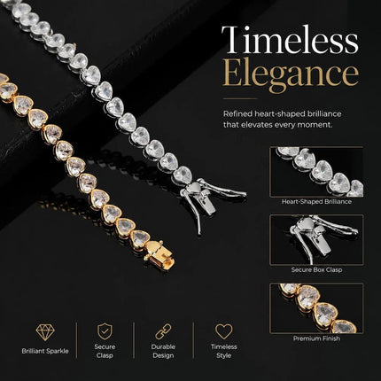 4*4mm Heart Inlaid Single Row Tennis Bracelet, Copper Zircon Hip Hop Couple Wristband, Ideal Holiday Gift, 6 Inch 16cm Silver Tone