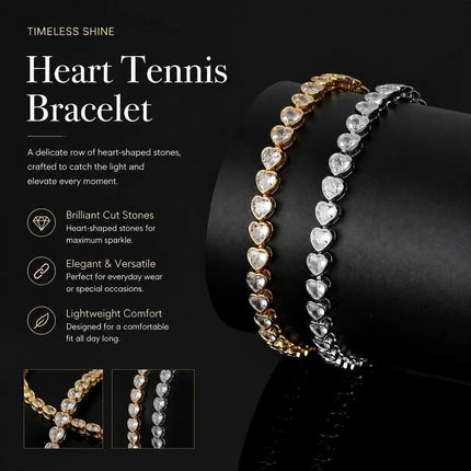 4*4mm Heart Inlaid Single Row Tennis Bracelet, Copper Zircon Hip Hop Couple Wristband, Ideal Holiday Gift, 6 Inch 16cm Silver Tone