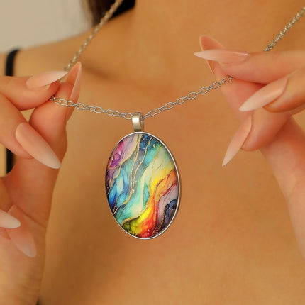 Retro Oval Cabochon Glass Alloy Necklace, Silver Tone Plating, Ideal Birthday Present For Date Night Outing