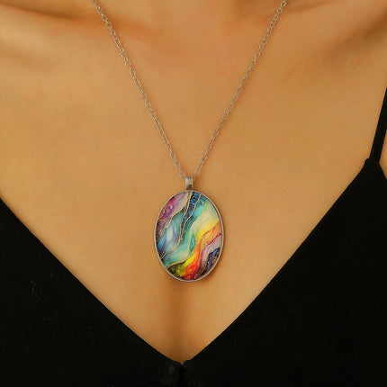Retro Oval Cabochon Glass Alloy Necklace, Silver Tone Plating, Ideal Birthday Present For Date Night Outing