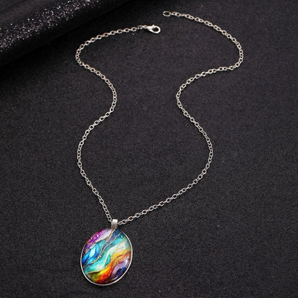 Retro Oval Cabochon Glass Alloy Necklace, Silver Tone Plating, Ideal Birthday Present For Date Night Outing
