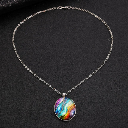 Retro Oval Cabochon Glass Alloy Necklace, Silver Tone Plating, Ideal Birthday Present For Date Night Outing