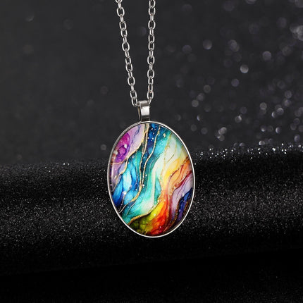 Retro Oval Cabochon Glass Alloy Necklace, Silver Tone Plating, Ideal Birthday Present For Date Night Outing