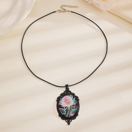 Simple Oval Cabochon Glass Alloy Necklace, Matte Black Plating, Cool Daily Ornament Gift For Club & Casual Trip