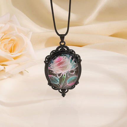 Simple Oval Cabochon Glass Alloy Necklace, Matte Black Plating, Cool Daily Ornament Gift For Club & Casual Trip