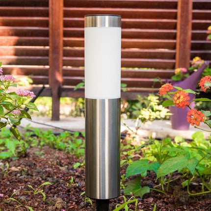 Short Solar Stainless Steel Cylinder Lawn Light, Waterproof LED Walkway Lamp For Home Yard, Silver Cool White, 37x6cm, Compact Balcony Decor Gift