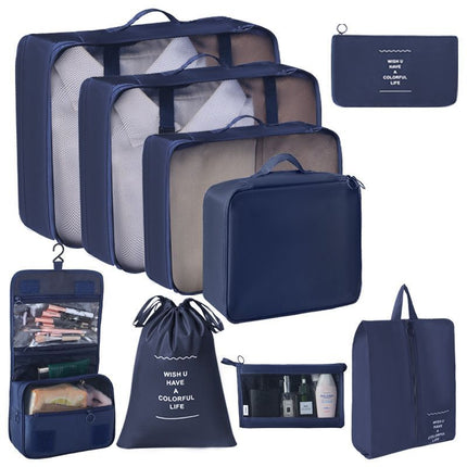 Portable Travel Clothes Organizer Set, 9 Pcs Packing Pouches With Hanging Wash Bag & Cosmetic Pouch, Navy Blue, Ideal Overseas Trip Gift