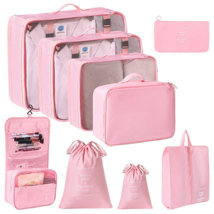 Multi-Function Travel Storage Pouches For Garments, 9 Pcs Set Including Double Drawstring Bags & Hanging Wash Pouch, Pink, Sweet Holiday Travel Gift