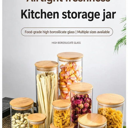 Transparent Airtight Glass Canister With Bamboo Lid, Kitchen Moisture Resistant Storage Jar, 8.5cm*10cm, 450ml, Wonderful Kitchen Gift