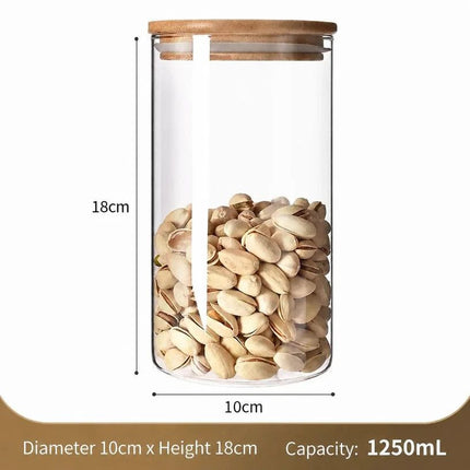 Clear Moisture Proof Glass Storage Jar, Food Safe Canister With Bamboo Cover, 10cm*18cm, 1250ml, Great Housewarming Accessory Gift