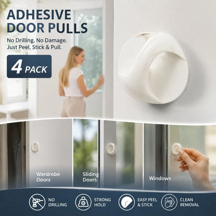 No Drill Sticky Wardrobe Handle, Punch-Free Pull For Drawer, Window & Sliding Door, White, 4 Pcs, Versatile Home Organizer Gift