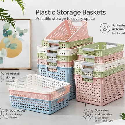 Tall Plastic Storage Basket, Large Size, 13.78x10.04x8.27in, White, Large Capacity Bin For Kitchen & Bedroom, Premium Housewarming Gift