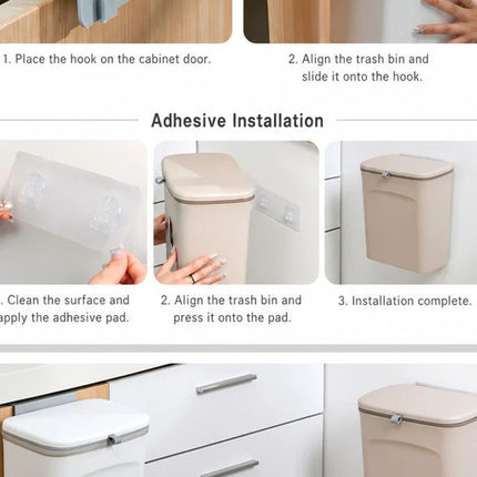 Wall Mount Hanging Garbage Bin With Cover, Hang On Cabinet Door, 7L, Cream, Household Waste Bin For Living Room, Convenient Household Gift