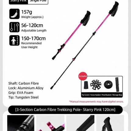 Carbon Fiber 3 Section Adjustable Trekking Stick