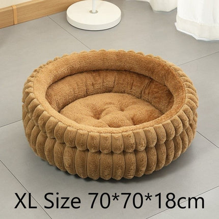 Faux Rabbit Fur Round Pet Bed With Removable Liner, Warm Plush All Season Dog Cat Nest, Coffee, Size XL, 27.56x27.56x7.09in, Ideal For Medium And Large Pets