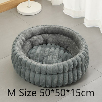 Washable Faux Rabbit Fur Round Pet Bed, Plush Warm Anti-Moisture Pet Sleeping Nest, Grey, Size M, 19.69x19.69x5.91in, Neutral Tone Pet Furniture For Home