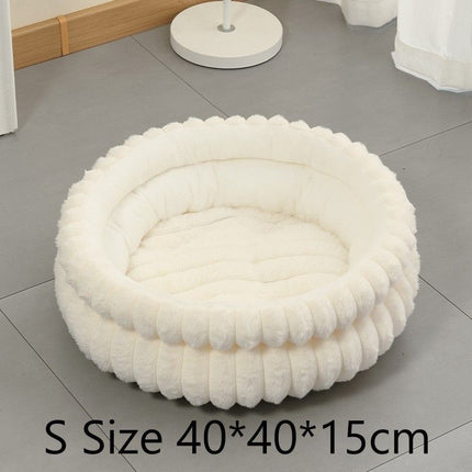 Removable Faux Rabbit Fur Round Pet Bed, Thick Warm Moisture Resistant All Season Cat & Dog Nest, Cream White, Size S, 15.75x15.75x5.91in, Soft Sleep Nest For Small Pets