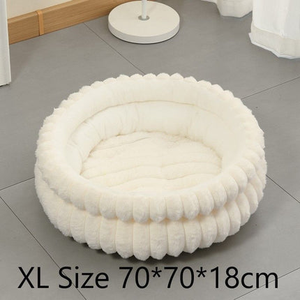 Faux Rabbit Fur Round Pet Bed With Removable Liner, Warm Plush All Season Dog Cat Nest, Cream White, Size XL, 27.56x27.56x7.09in, Premium Bed For Medium Large Cats & Dogs