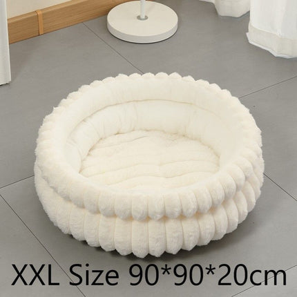Large Removable Faux Rabbit Fur Round Pet Bed, Thick Cushion Moisture-Proof All Season Pet Rest Bed, Cream White, Size 2XL, 35.43x35.43x7.87in