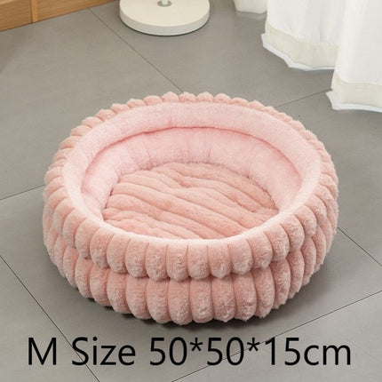 Washable Faux Rabbit Fur Round Pet Bed, Plush Warm Anti-Moisture Pet Sleeping Nest, Pink, Size M, 19.69x19.69x5.91in, Fluffy Rest Bed For Medium Size Pets