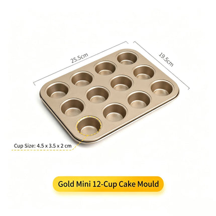 Non-Stick Mini Muffin Baking Tray, Household Cake Baking Mould For Oven Use, Gold Mini 12-Cup Pan, Premium Home Baking Accessory