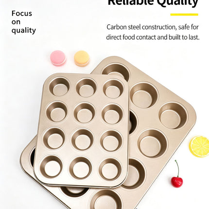 Non-Stick Mini Muffin Baking Tray, Household Cupcake Baking Mould For Oven, Gold Mini 12-Cup Pan, Set Of 2, Kitchen Baking Supply