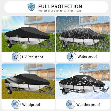 190T Polyester Taffeta V-Hull Boat Cover, Outdoor Dust, Sun & Rain Protection Yacht Protective Cover, Black, Fits 11-13FT, 420cm*270cm, Reliable Marine Storage Shield