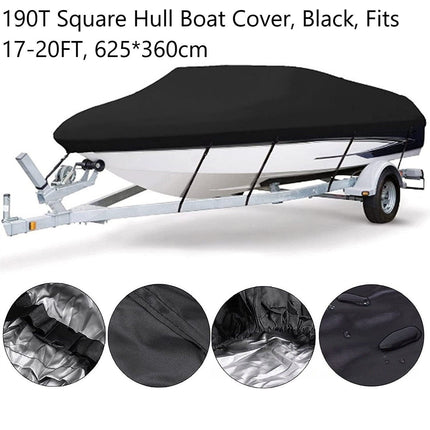 190T Polyester Taffeta Square Hull Boat Cover, Outdoor All Weather Yacht Cover With Sun & Rain Protection, Black, Fits 17-20FT, 625cm*360cm, Practical Marine Accessory