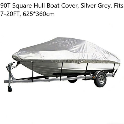 190T Polyester Taffeta Square Hull Boat Cover, Outdoor Weatherproof Boat Protective Cover, Silver Grey, Fits 17-20FT, 625cm*360cm, Convenient For Outdoor Berthing