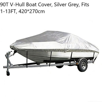 190T Polyester Taffeta V-Hull Boat Cover, Outdoor Sunproof Waterproof Yacht Protector, Silver Grey, Fits 11-13FT, 420cm*270cm, Lightweight Dust Resistant Hull Cover