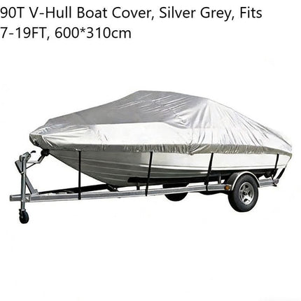 190T Polyester Taffeta V-Hull Boat Cover, Outdoor Anti-UV Waterproof Boat Hull Shield, Silver Grey, Fits 17-19FT, 600cm*310cm, Long Lasting Outdoor Protection