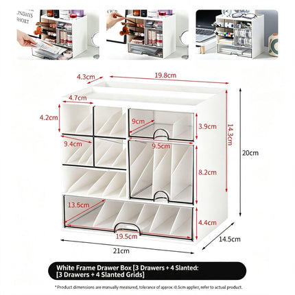 White Frame Drawer Organiser, 3 Drawers with Slant Grid