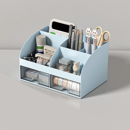 Blue Two Drawer Desktop Stationery Box, Thickened Non-Toxic Organiser, Stable Storage Rack For Well-Arranged Student Work Desks