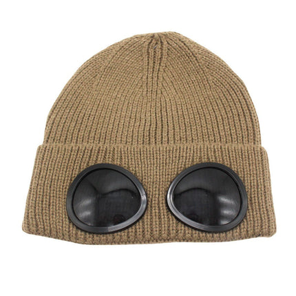 Fleece Lined Knitted Beanie With Windproof Goggles For Men & Women, Updated Winter Warm Skull Cap, Stylish Khaki One Size