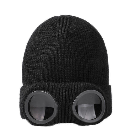 Warm Thick Knit Cold Weather Hat Attached Wind Resistant Eyewear, Upgraded Thermal Beanie, Classic Black One Size