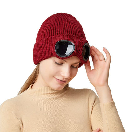 Warm Thick Knit Cold Weather Hat Attached Wind Resistant Eyewear, Upgraded Thermal Beanie, Classic Black One Size