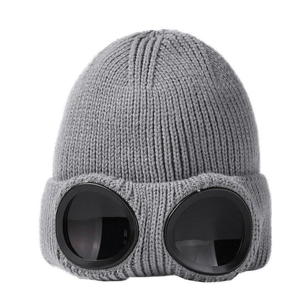 Men Women Winter Knitted Beanie Built-In Wind Protection Goggles, Upgraded Warm Skull Cap, Versatile Grey One Size