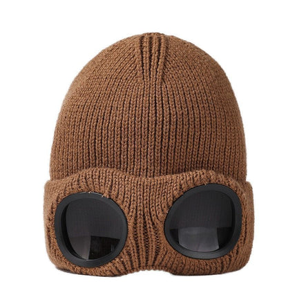 Upgraded Warm Fleece Lined Beanie With Windproof Goggles, Wind Resistant Knit Hat For Outdoor Activity, Earthy Brown One Size