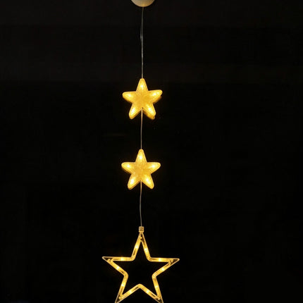Three-Pendant LED Curtain Suction Lights, Warm White Five Point Star Battery Lights, Delightful Christmas Window Ornament