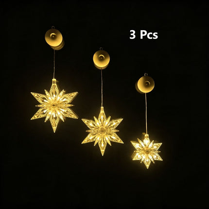 Warm White Diamond Snowflake Star LED Suction Cup Lights 3 Pack