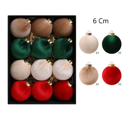 4 Assorted Colour Velvet Wrapped Christmas Baubles, Trendy Xmas Tree Decor, A Set 12 Pack, 6cm