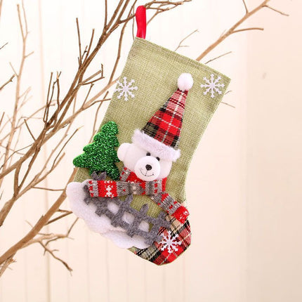 Medium Fenced Linen Bear Christmas Stocking