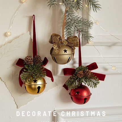 Double Metal Bells With Red Velvet Bow, Stylish Christmas Hanging Decor For Tree, Wall And Door Arrangement