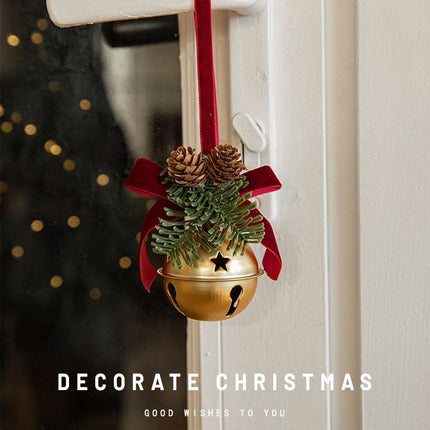 Triple Iron Bell Ornament With Velvet Bow, Holiday Hanging Pendant For Christmas Scene Layout