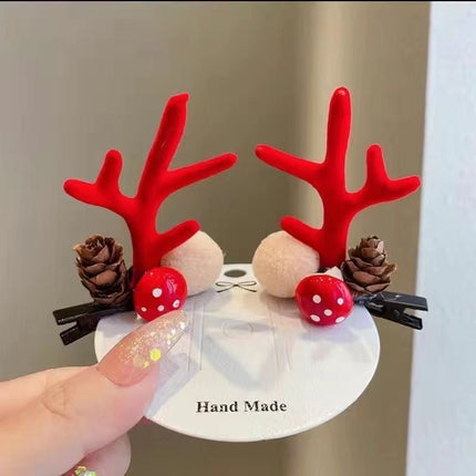 Cute Antler Hair Clip, White Pom Pom Pinecone Red Horn Headpiece