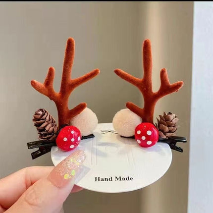Lovely Antler Hair Clip, White Pom Pom Pinecone Brown Horn Headwear