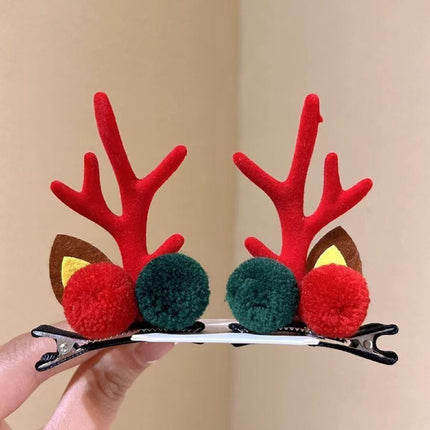 Fluffy Antler Hair Barrette, Red & Green Pom Pom Red Horn