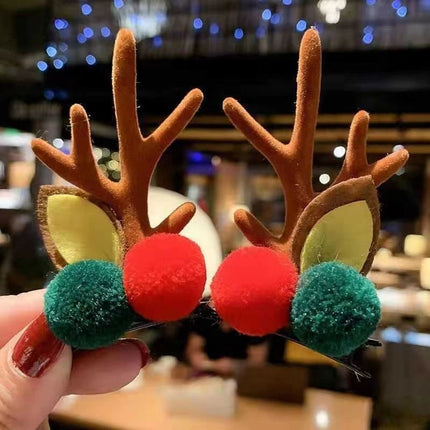 Cute Festival Antler Hair Clip, Red & Green Pom Pom Brown Horn