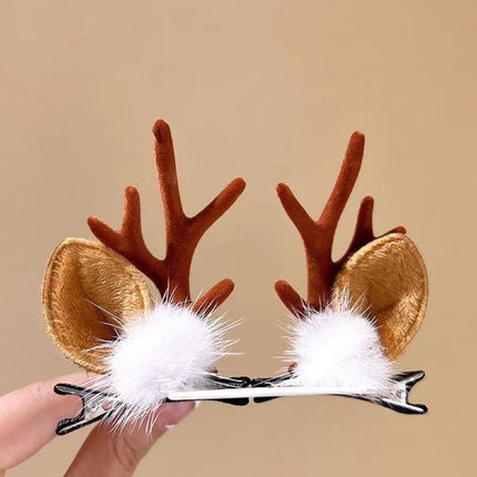 Adorable Holiday Antler Hair Barrette, Fluffy White Fur Brown Horn